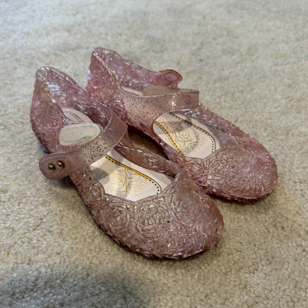 Girls Pink Glitter Floral Jelly Mary Jane Flats Round Toe Size 11.5